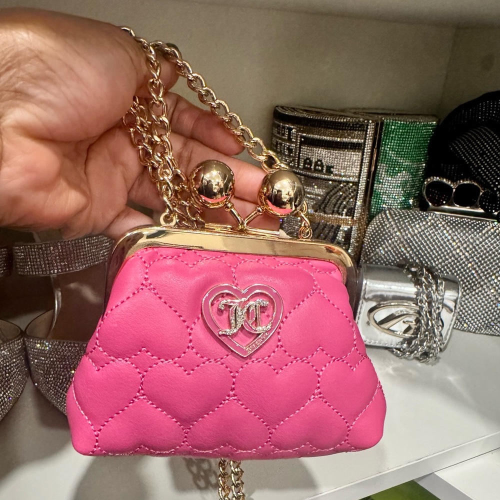 Juicy Couture Hot Pink Quilted Heart Mini Crossbody with Gold Chain